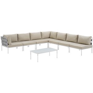 Modway Harmony 8-Piece Outdoor Patio Aluminum Sectional Sofa Set in White/Beige
