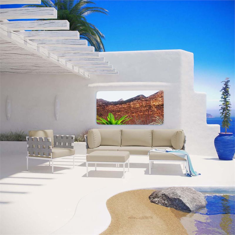 Modway Harmony 6-Piece Outdoor Patio Aluminum Sectional Sofa Set in White/Beige