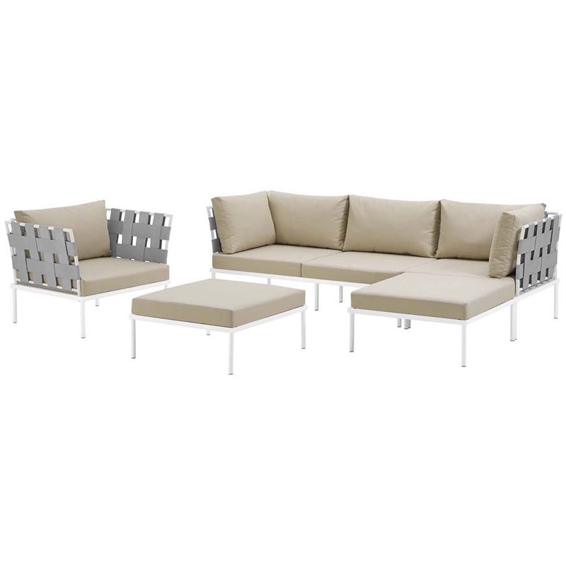 Modway Harmony 6-Piece Outdoor Patio Aluminum Sectional Sofa Set in White/Beige
