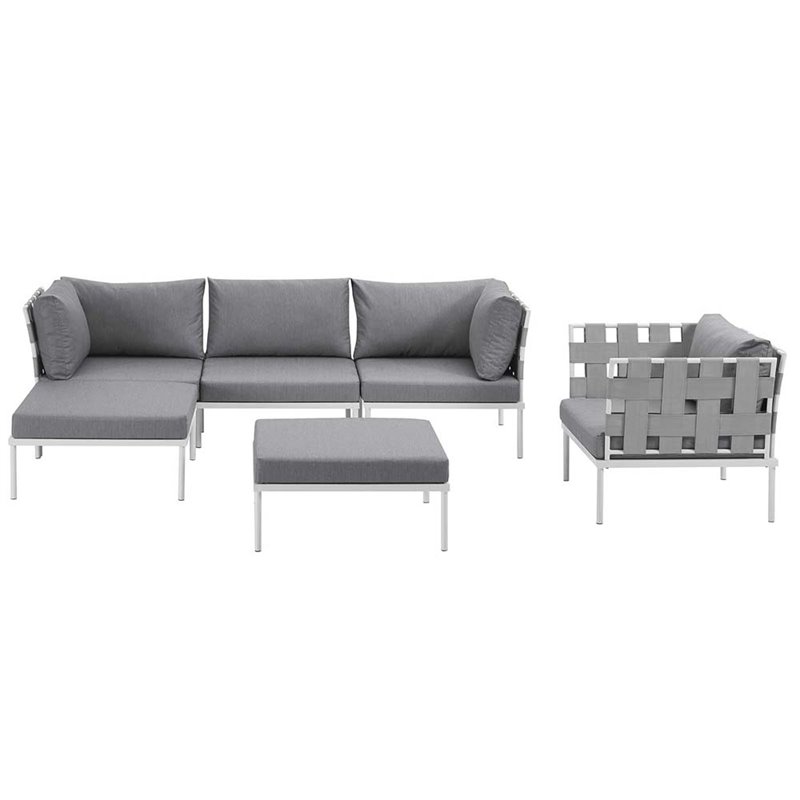 Modway Harmony 6-Piece Outdoor Patio Aluminum Sectional Sofa Set in White/Gray