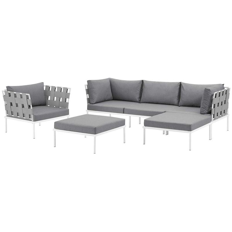 Modway Harmony 6-Piece Outdoor Patio Aluminum Sectional Sofa Set in White/Gray