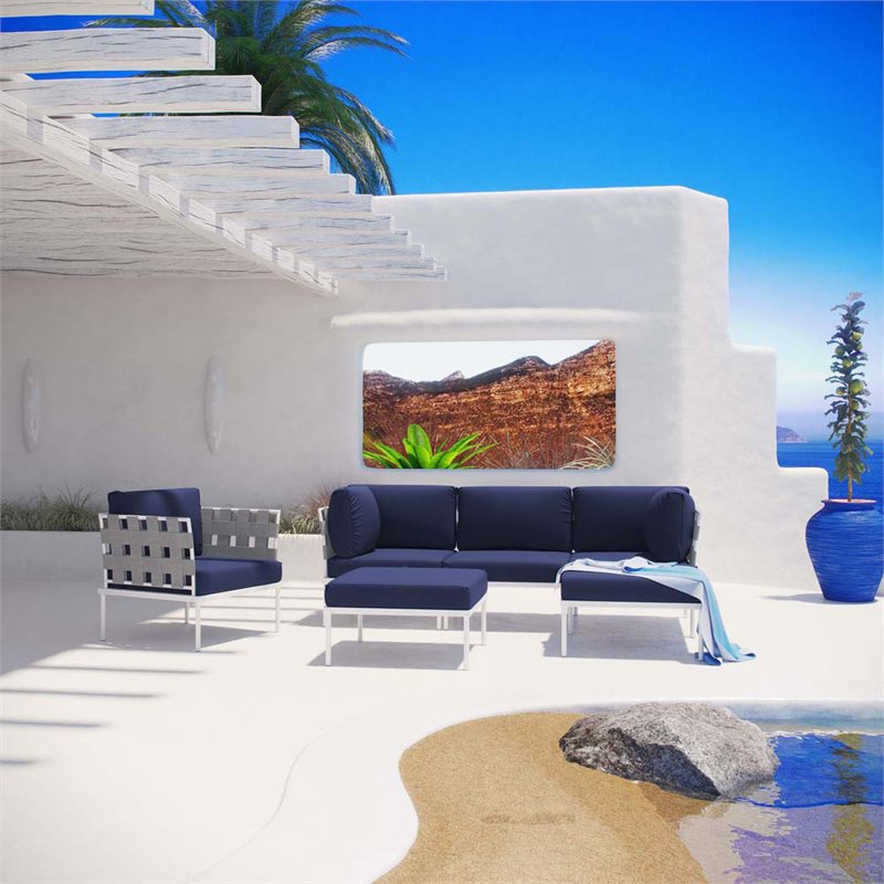 Modway Harmony 6-Piece Outdoor Patio Aluminum Sectional Sofa Set in White/Navy