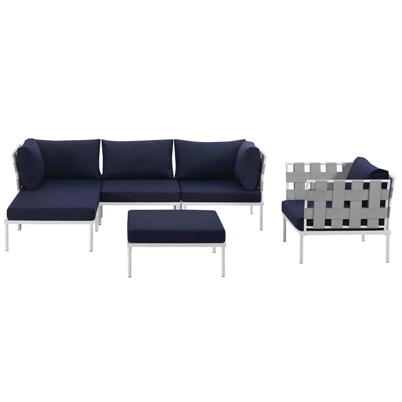 Modway Harmony 6-Piece Outdoor Patio Aluminum Sectional Sofa Set in White/Navy