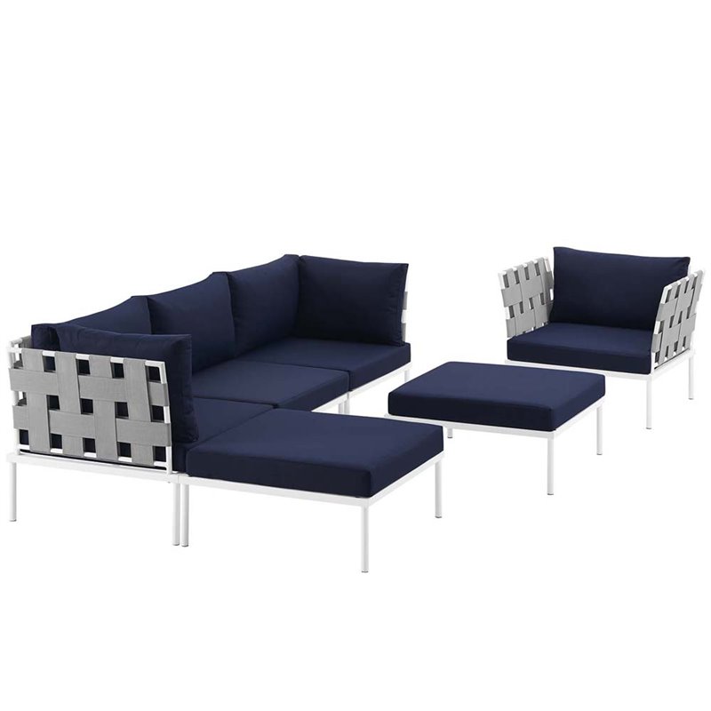 Modway Harmony 6-Piece Outdoor Patio Aluminum Sectional Sofa Set in White/Navy