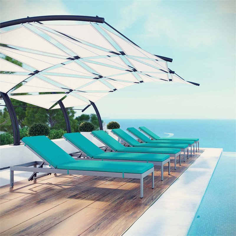 Modway Shore Aluminum Patio Chaise Lounge in Silver and Turquoise (Set of 6)