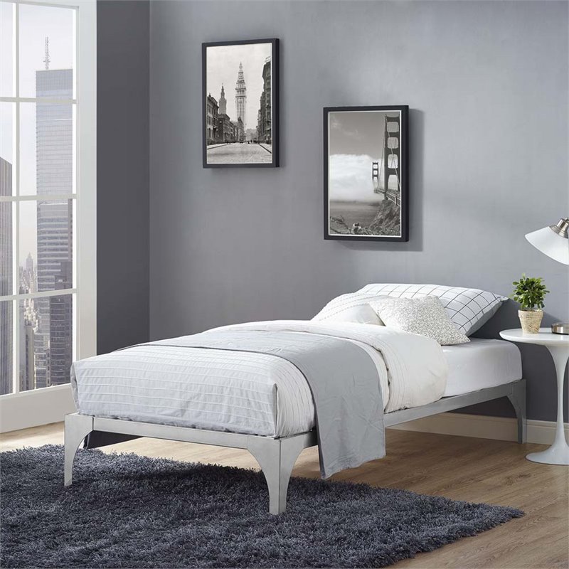Modway Ollie Modern Sturdy Powder Coated Steel Twin Bed Frame in Silver