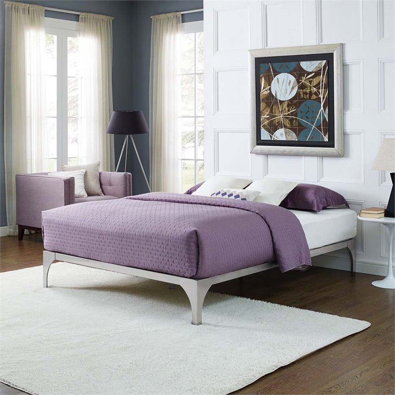 Modway Ollie Modern Sturdy Powder Coated Steel Full Bed Frame in Silver