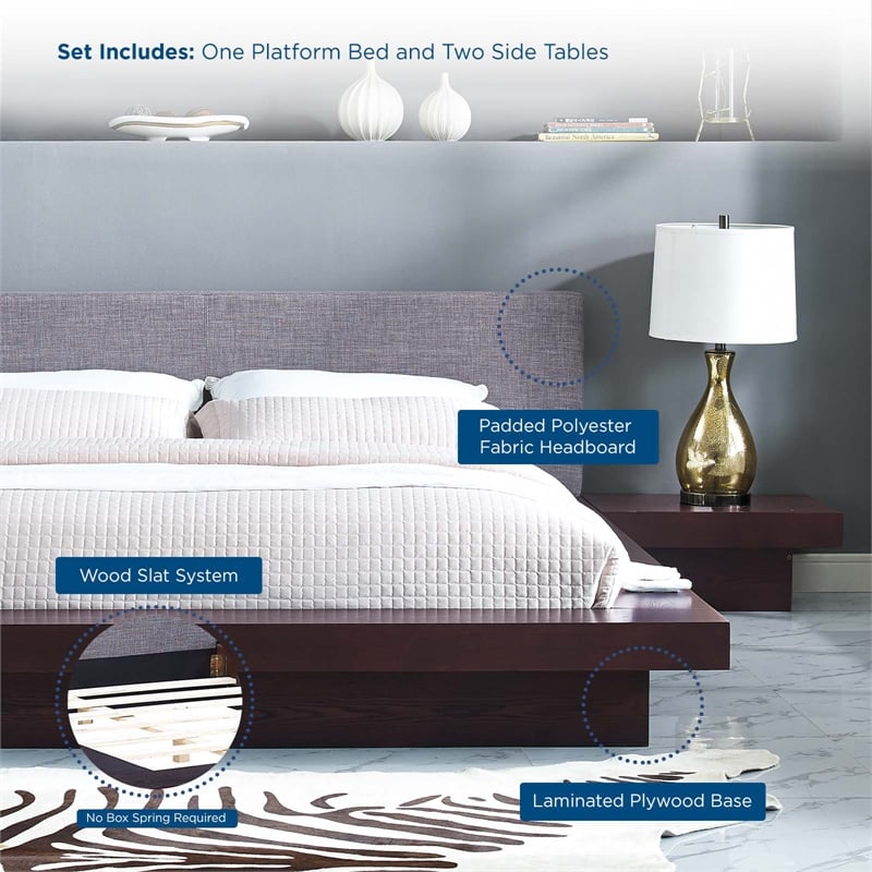 Modway Freja 3-Piece Queen Fabric and Wood Bedroom Set in Cappuccino/Gray