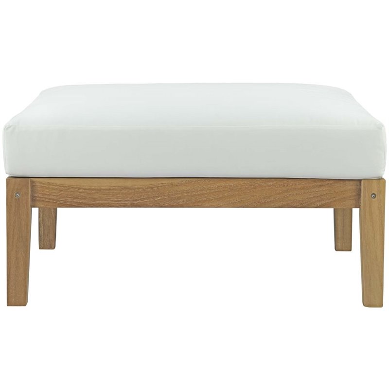 Modway Bayport Outdoor Patio Solid Teak Wood Ottoman in Natural/White