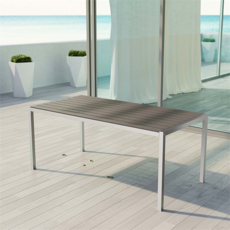 Modway Shore Outdoor Patio Wood and Aluminum Dining Table in Silver/Gray