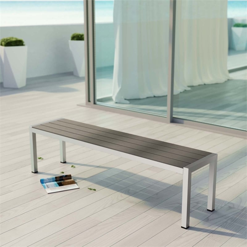 Modway Shore Aluminum Wood Plastic Outdoor Patio Bench in Silver/Gray