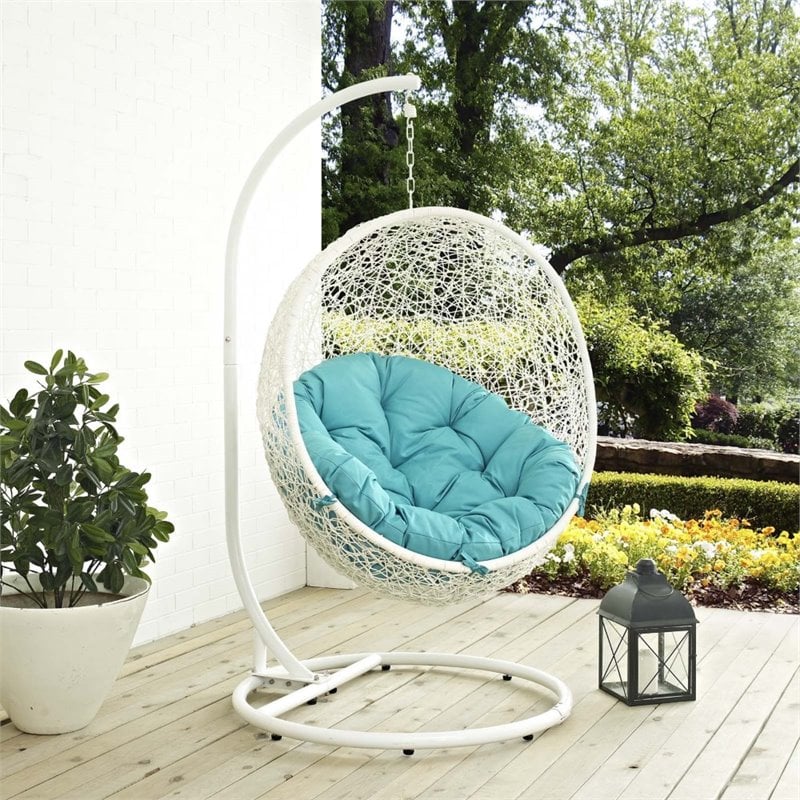 Modway Hide Steel Rattan Outdoor Patio Swing Chair with Stand in White/Turquoise