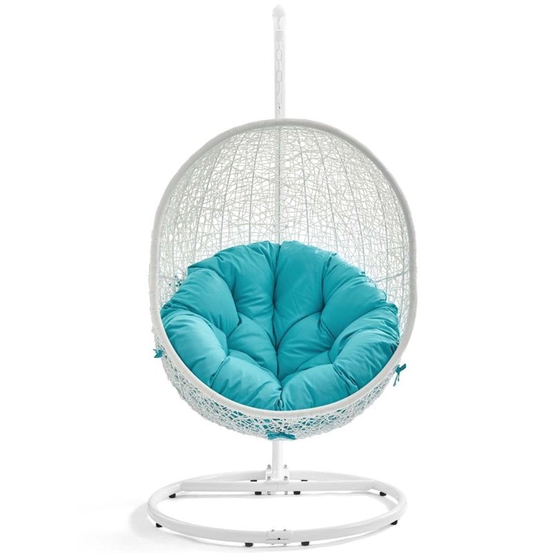 Modway Hide Steel Rattan Outdoor Patio Swing Chair with Stand in White/Turquoise
