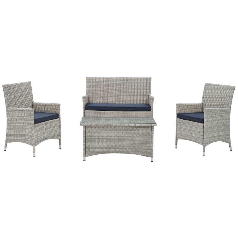 Modway Bridge 4-Piece Rattan Outdoor Patio Conversation Set in Light Gray/Navy