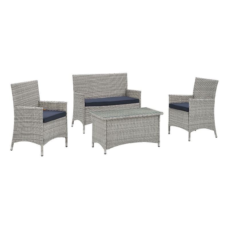 Modway Bridge 4-Piece Rattan Outdoor Patio Conversation Set in Light Gray/Navy
