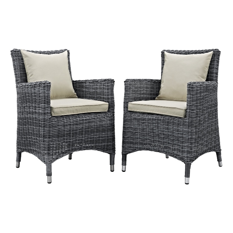 Modway Summon 2-Piece Rattan Fabric Patio Dining Chairs in Antique Canvas/Beige