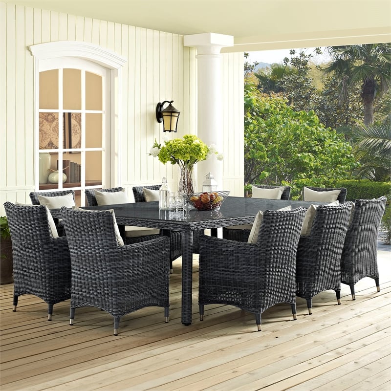 Modway Summon 11-Piece Rattan Fabric Patio Dining Set in Antique Canvas/Beige