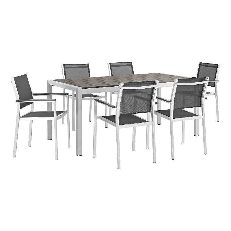 Modway Shore 7-Piece Outdoor Patio Wood and Aluminum Dining Set in Silver/Black