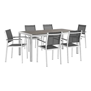 Modway Shore 7-Piece Outdoor Patio Wood and Aluminum Dining Set in Silver/Black