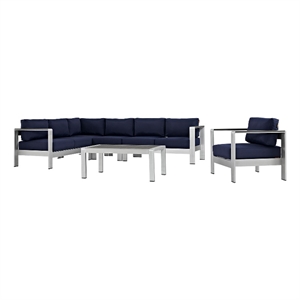 Modway Shore 6-Piece Outdoor Patio Aluminum Sectional Sofa Set in Silver/Navy