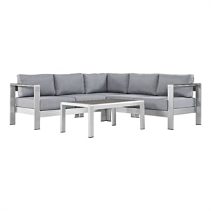 Modway Shore 4-Piece Outdoor Patio Aluminum Sectional Sofa Set in Silver/Gray