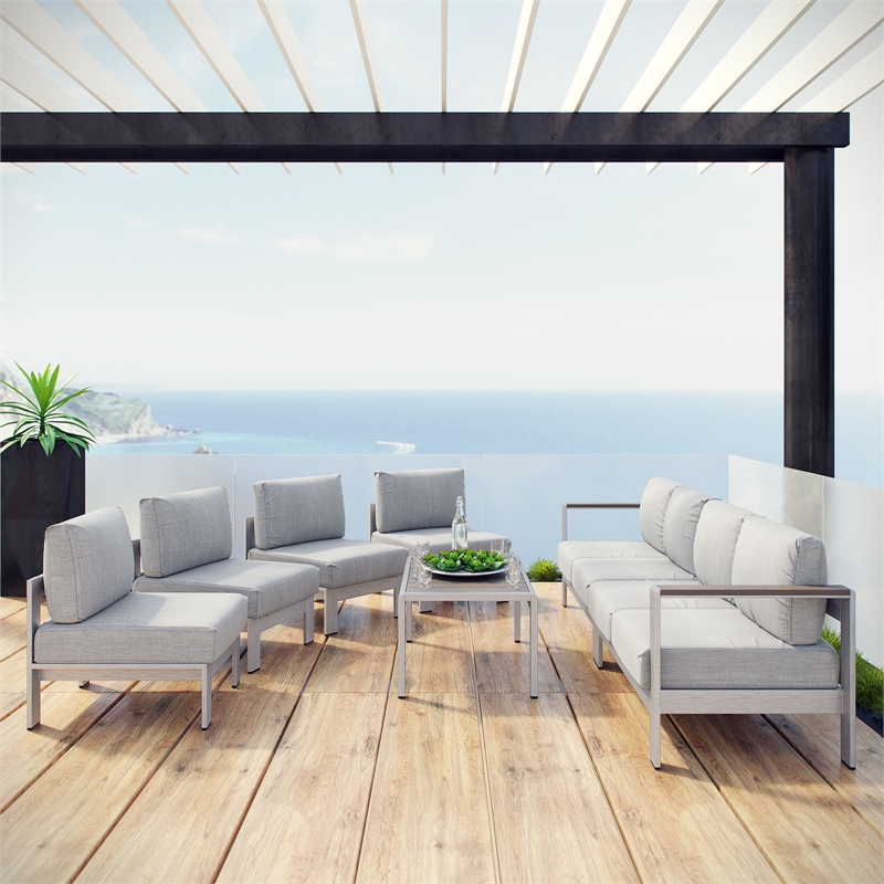 Modway Shore 7-Piece Aluminum Fabric Patio Sectional Sofa Set in Silver/Gray