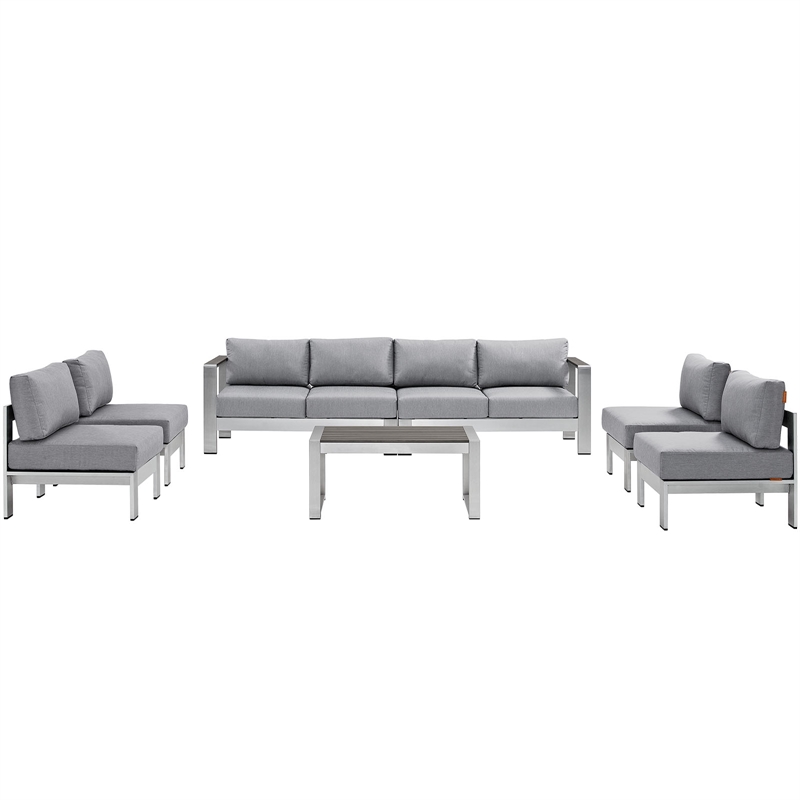 Modway Shore 7-Piece Aluminum Fabric Patio Sectional Sofa Set in Silver/Gray