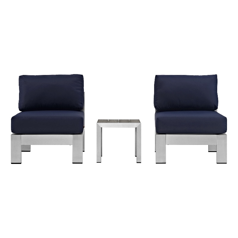 Modway Shore 3-Piece Outdoor Patio Aluminum Sectional Sofa Set in Silver/Navy