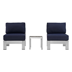 Modway Shore 3-Piece Outdoor Patio Aluminum Sectional Sofa Set in Silver/Navy