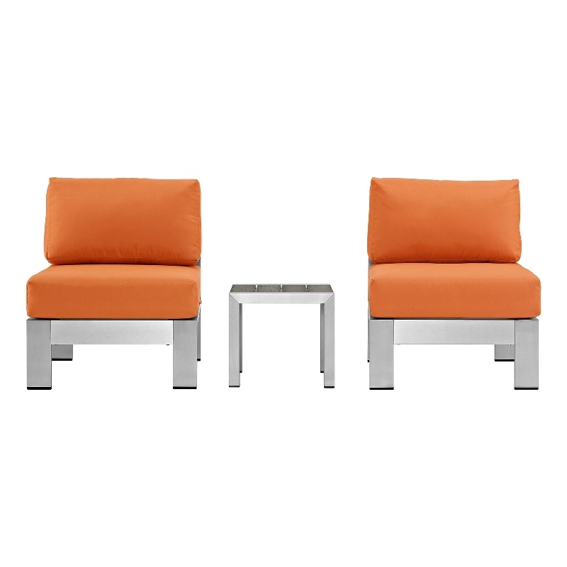 Modway Shore 3-Piece Outdoor Patio Aluminum Sectional Sofa Set in Silver/Orange