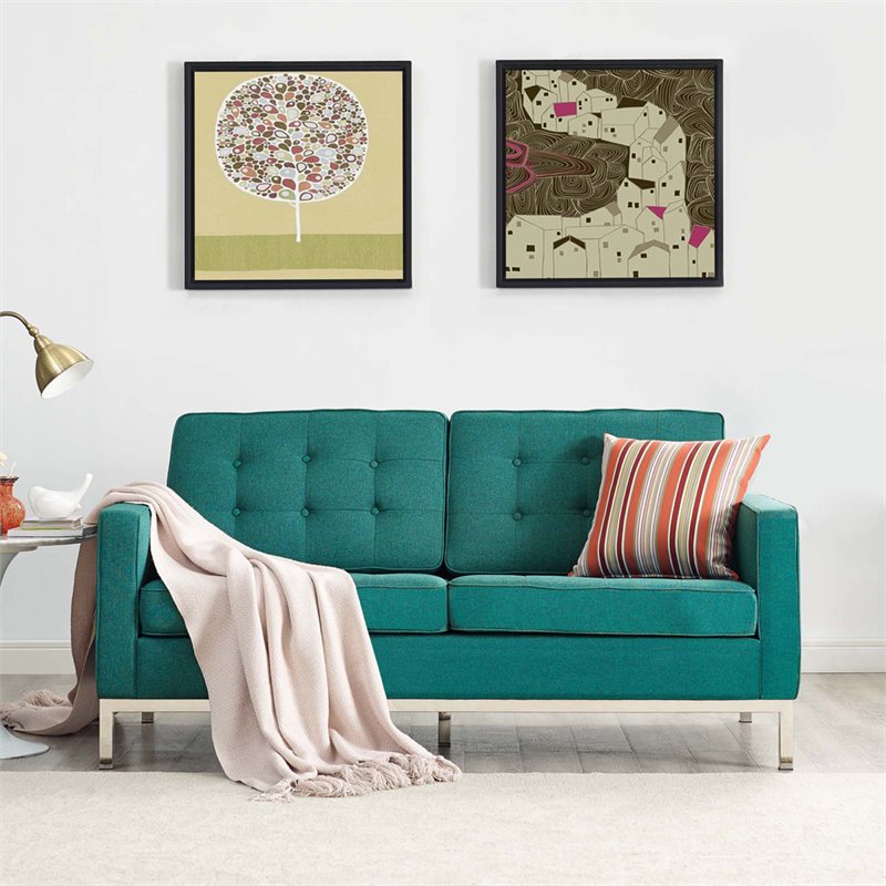 Modway Loft Stainless Steel and Upholstered Fabric Loveseat in Teal Blue