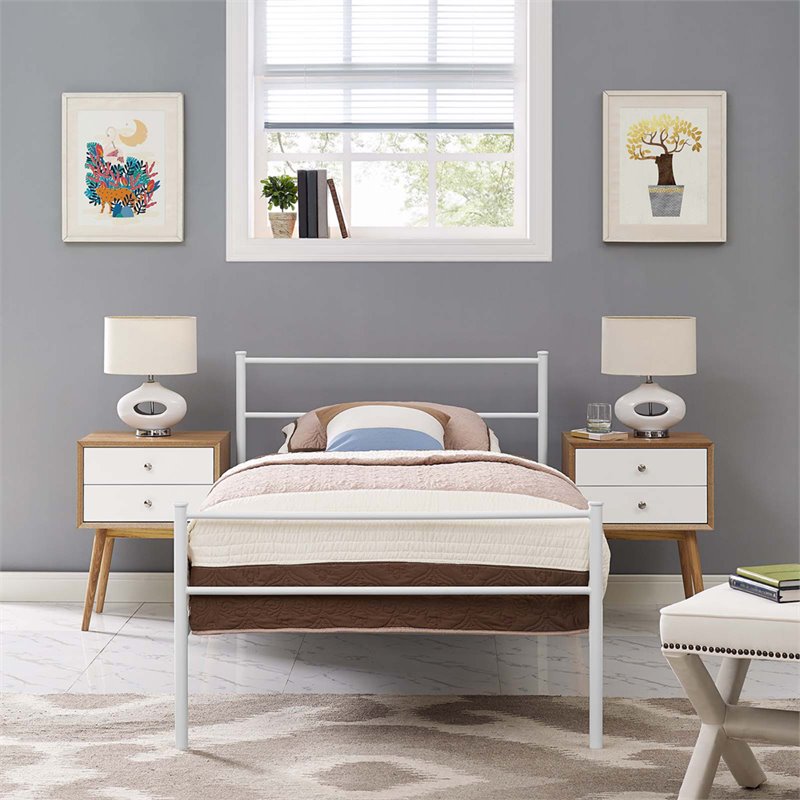 Modway Alina Powder Coated Sturdy Steel Twin Platform Bed Frame in White