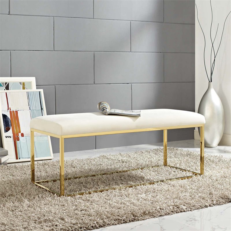 Modway Anticipate Velvet & Stainless Steel Bedroom Bench in Gold and Ivory