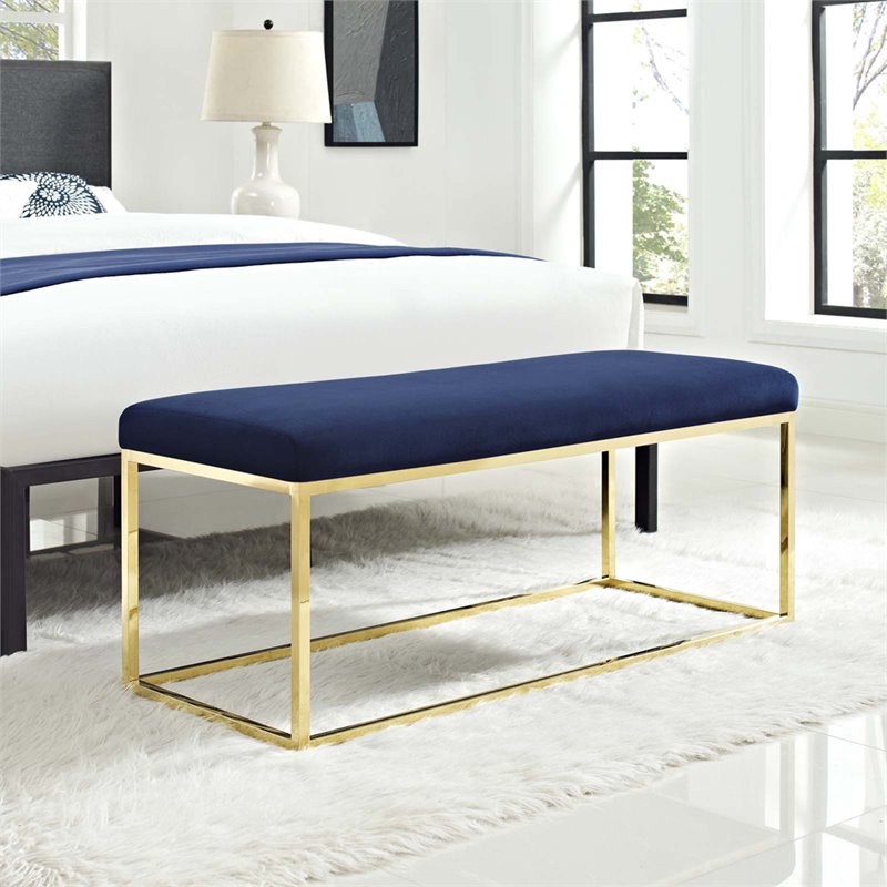 Modway Anticipate Velvet & Stainless Steel Bedroom Bench in Gold and Navy