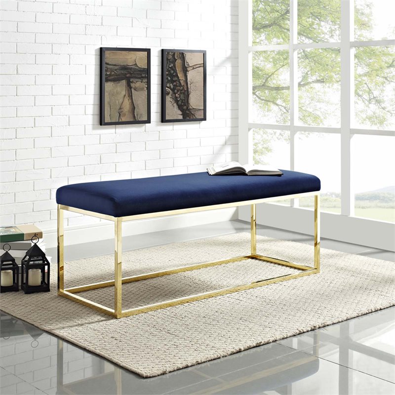 Modway Anticipate Velvet & Stainless Steel Bedroom Bench in Gold and Navy