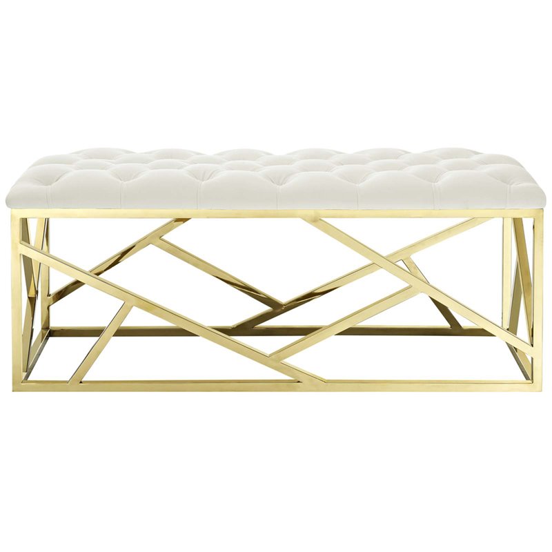 Modway Intersperse Tufted Velvet Polyester Bench in Gold and Ivory
