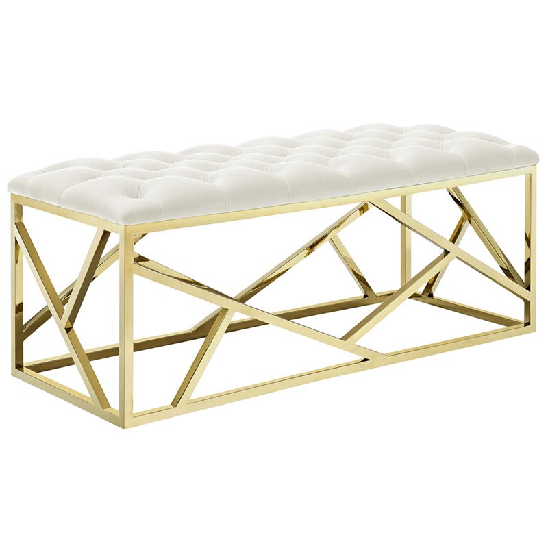 Modway Intersperse Tufted Velvet Polyester Bench in Gold and Ivory