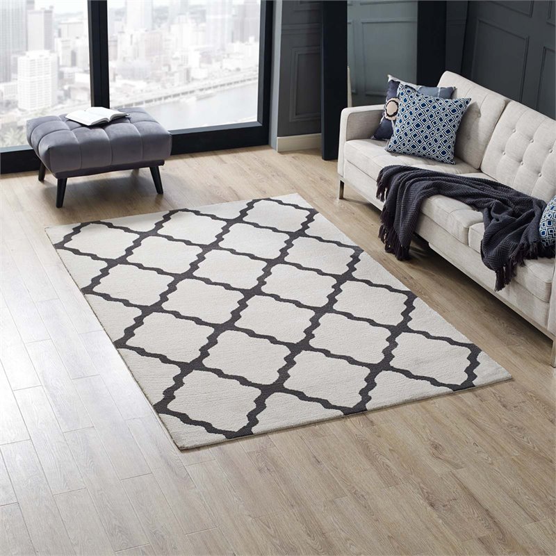 Modway Marja Moroccan Trellis 5' x 8' Area Rug in Ivory and Charcoal
