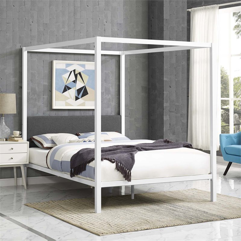 Modway Raina Powder Coated Sturdy Steel Queen Canopy Bed Frame in White/Gray