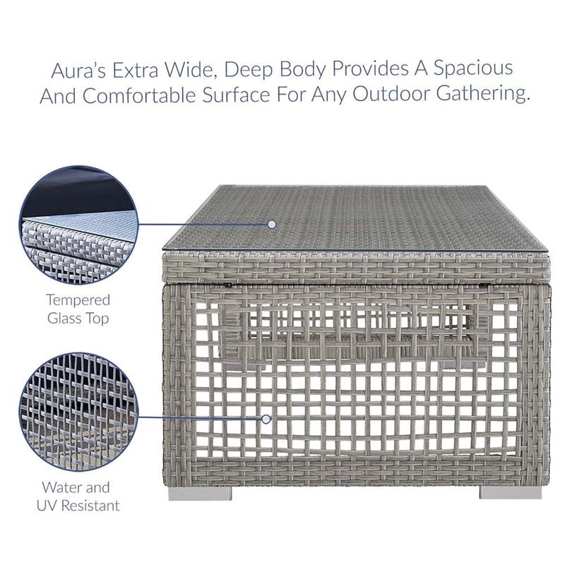 Modway Aura Modern Rattan & Glass Top Patio Coffee Table in Gray