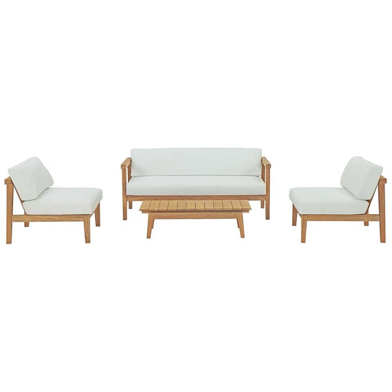 Modway Bayport 4-Piece Wood Patio Armless Sofa Set in Natural and White