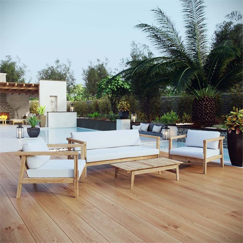 Modway Bayport 4-Piece Wood Patio Sofa Set in Natural and White