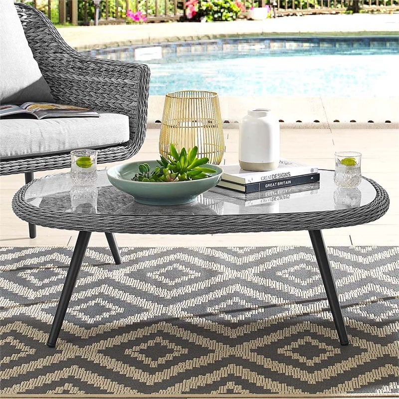 Modway Endeavor Rattan & Glass Top Patio Coffee Table in Gray and Black
