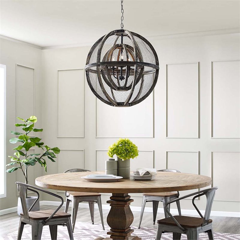 Modway Gravitate 3-Light Oak Wood Globe Chandelier in Black/Brown