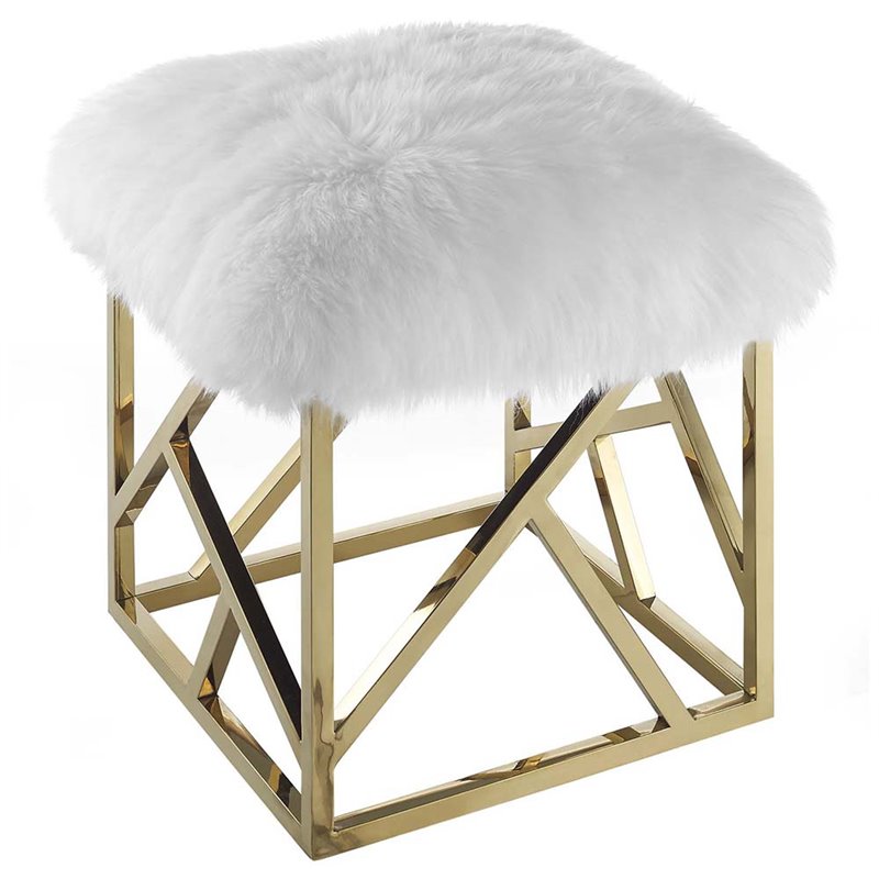 Modway Intersperse Sheepskin Fur & Stainless Steel Ottoman in Gold and White