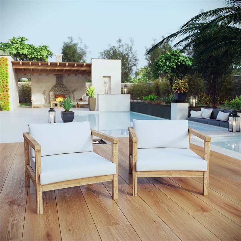 Modway Bayport Teak Wood Patio Chair in Natural and White (Set of 2)