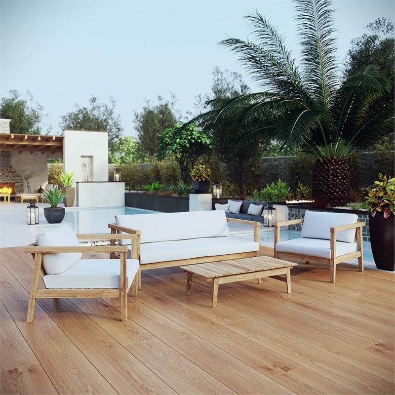 Modway Bayport Teak Wood Patio Chair in Natural and White (Set of 2)
