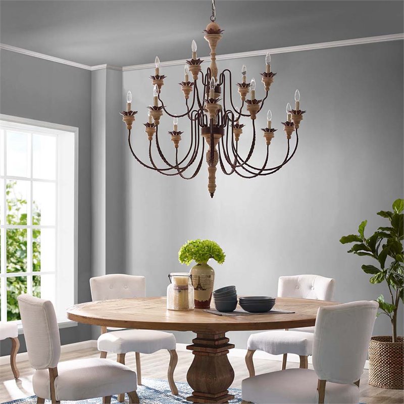 Modway Nobility 15-Light Solid Wood Candelabra Chandelier in Rust/Brown