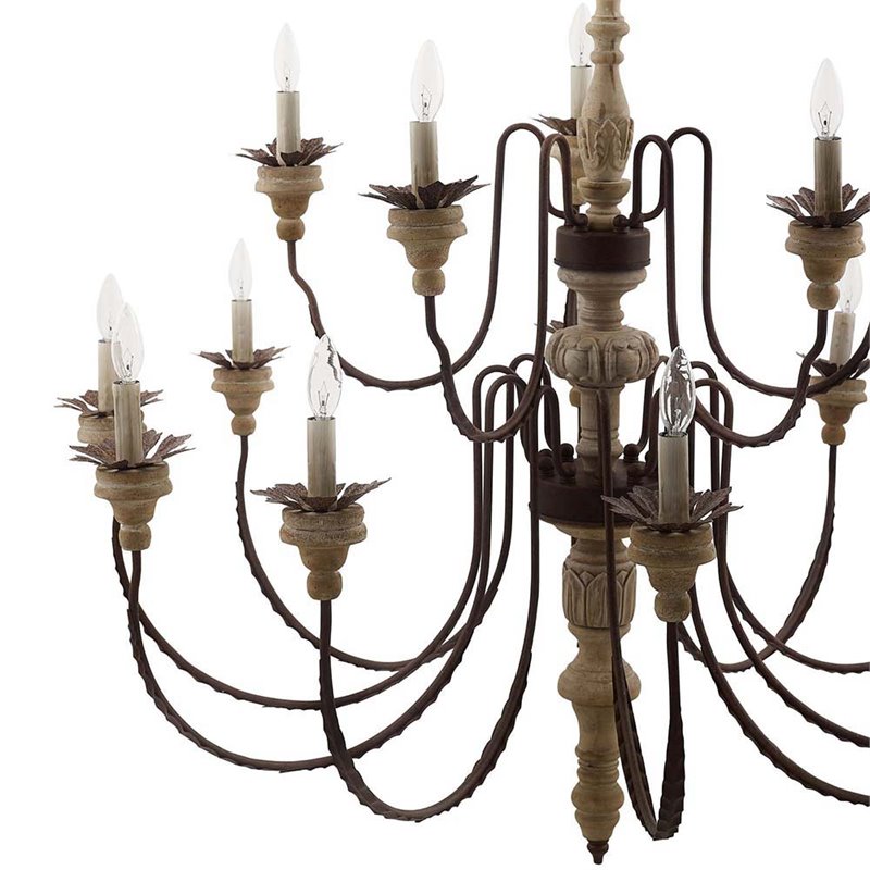 Modway Nobility 15-Light Solid Wood Candelabra Chandelier in Rust/Brown