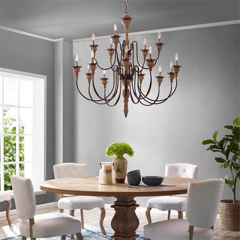 Modway Nobility 15-Light Solid Wood Candelabra Chandelier in Rust/Brown